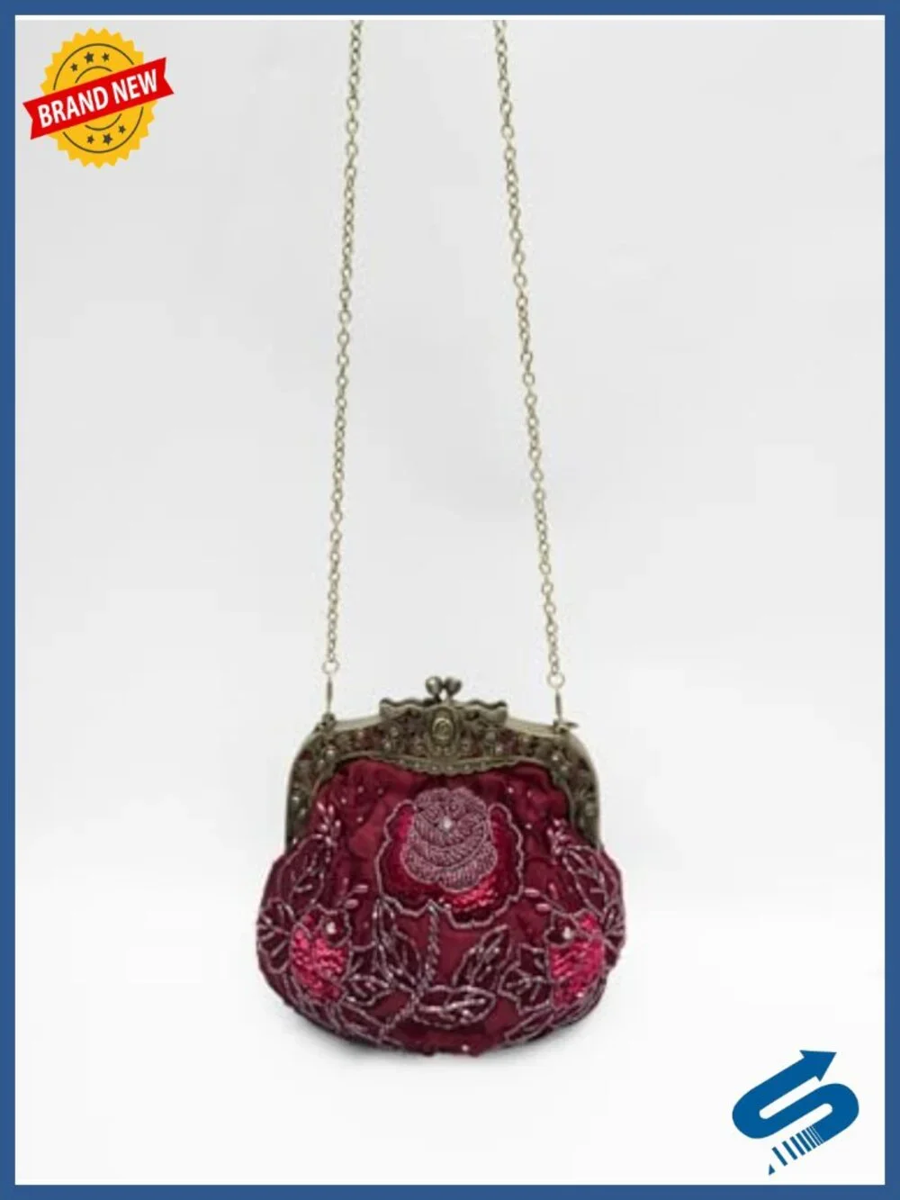 Beaded Evening Clutch Kiss Lock Purse Art Deco Rose Chain Strap